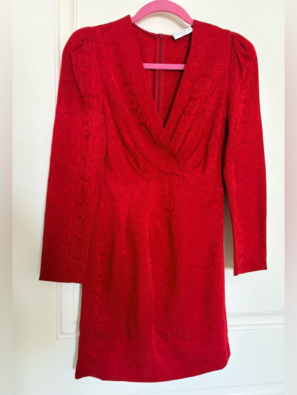 Sandro Women's Red Long-Sleeve V-Neck Mini Dress